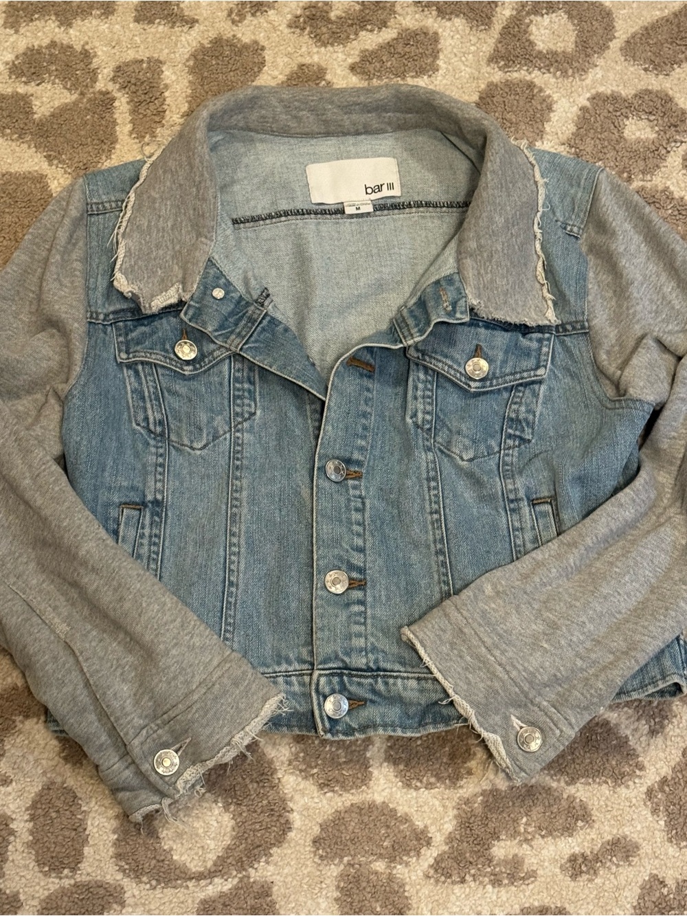 Bar III Light Blue Denim Jacket with Gray Knit Sleeves